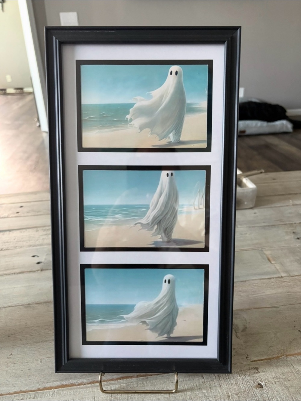 Framed Ghost Beach Art Trio – Whimsical Coastal Gothic Decor 15”x8”